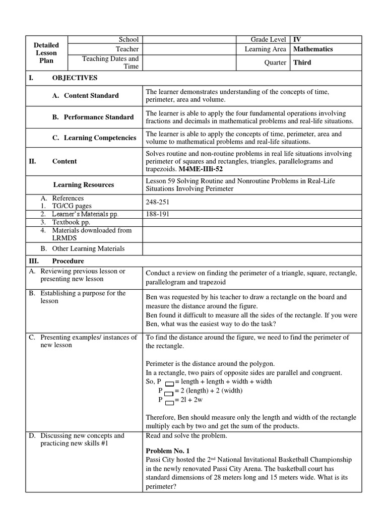 Grade 4 Math Lesson Plan: Perimeter | PDF | Area | Rectangle