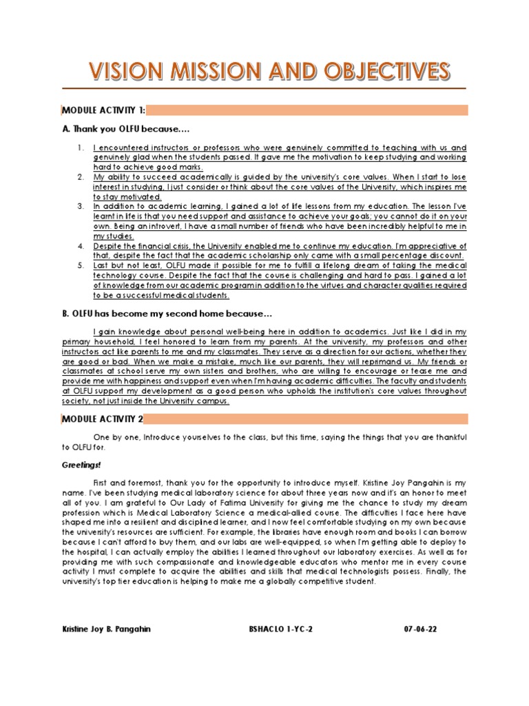 VRTS113 Week1 Vision, Mission and Objectives | PDF | Learning | University