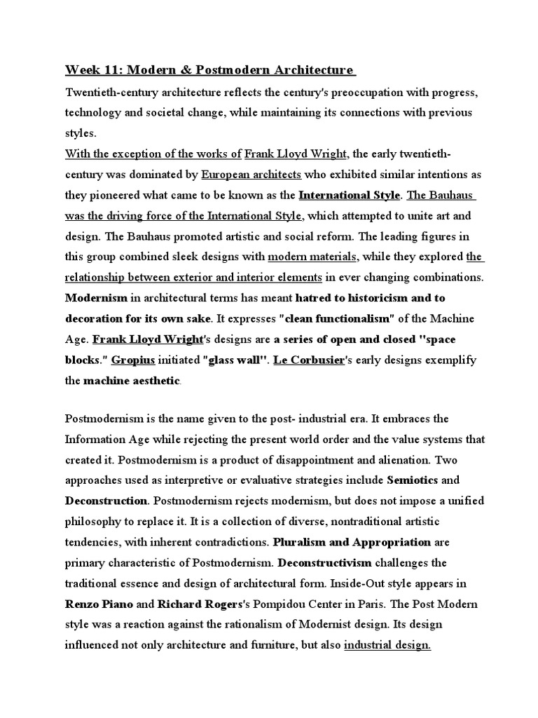 Week 11: Modern & Postmodern Architecture | PDF | Postmodernism | Modernism