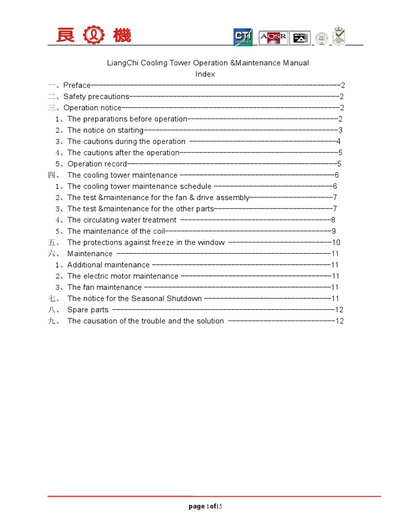 Cooling Tower Operation & Maintenance Guide | PDF | Electric Motor | Water