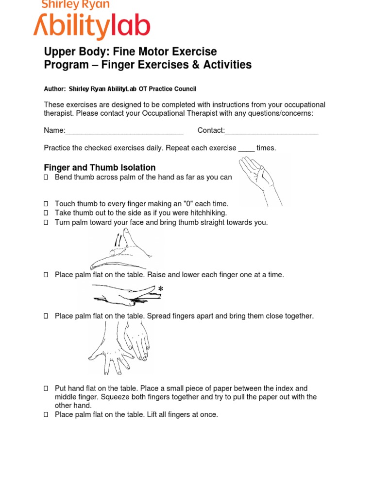 Upper Body Fine Motor Finger Exercises PDF Hand Finger