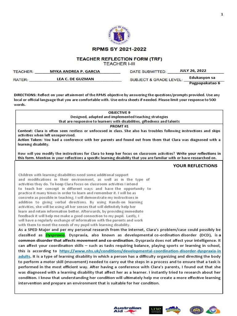 RPMS Sy 2021 - 2022 - Teacher Reflection Form - TRF | PDF | Intellectual  Giftedness | Learning Disability