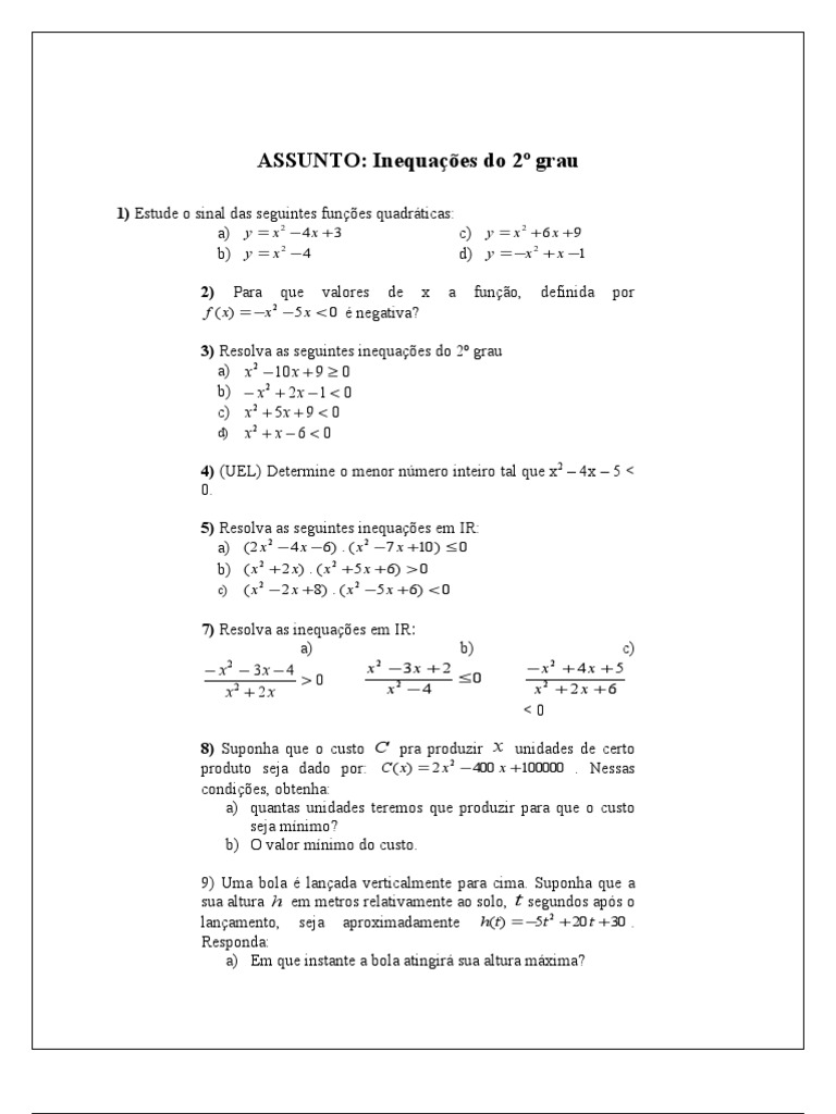 Exercícios de Inequações do 2º Grau | PDF