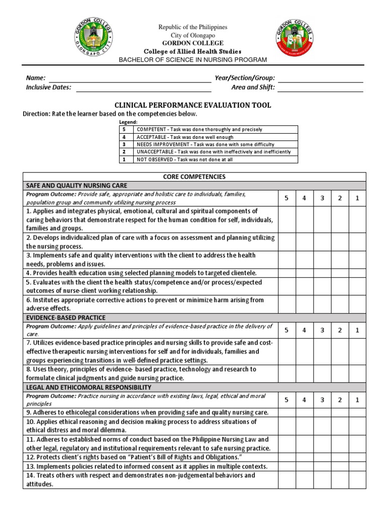 Clinical Performance Evaluation Tool: Name: Year/Section/Group ...
