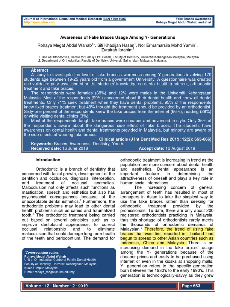 Awareness of Fake Braces Usage Among Y-Generations | PDF | Orthodontics ...