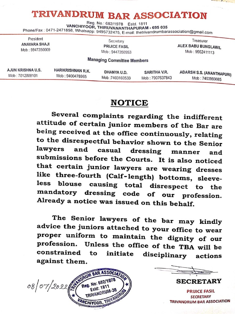 Trivandrum Bar Association Notice PDF