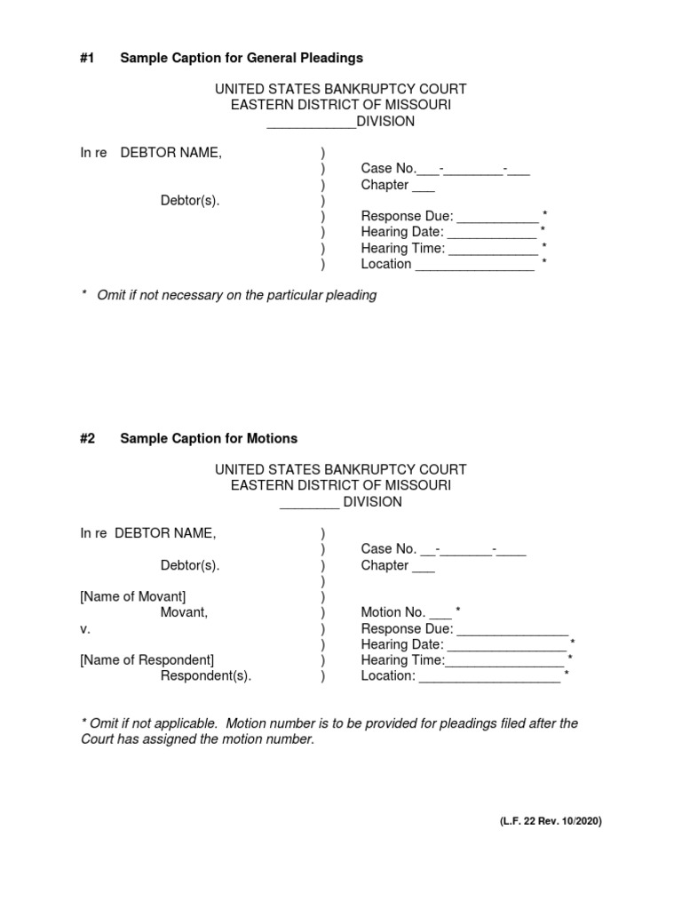 Sample Legal Captions for Bankruptcy Cases | PDF | Chapter 11 | Bankruptcy