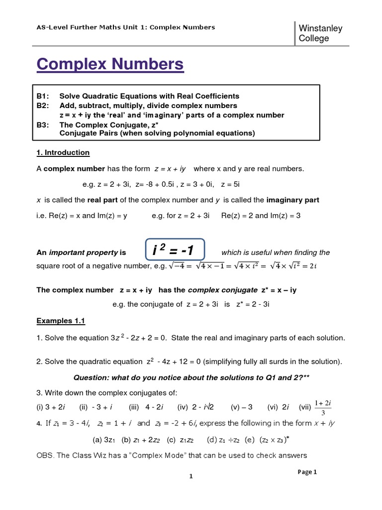 Introduction To Complex Numbers Examples Solutions Complex Numbers