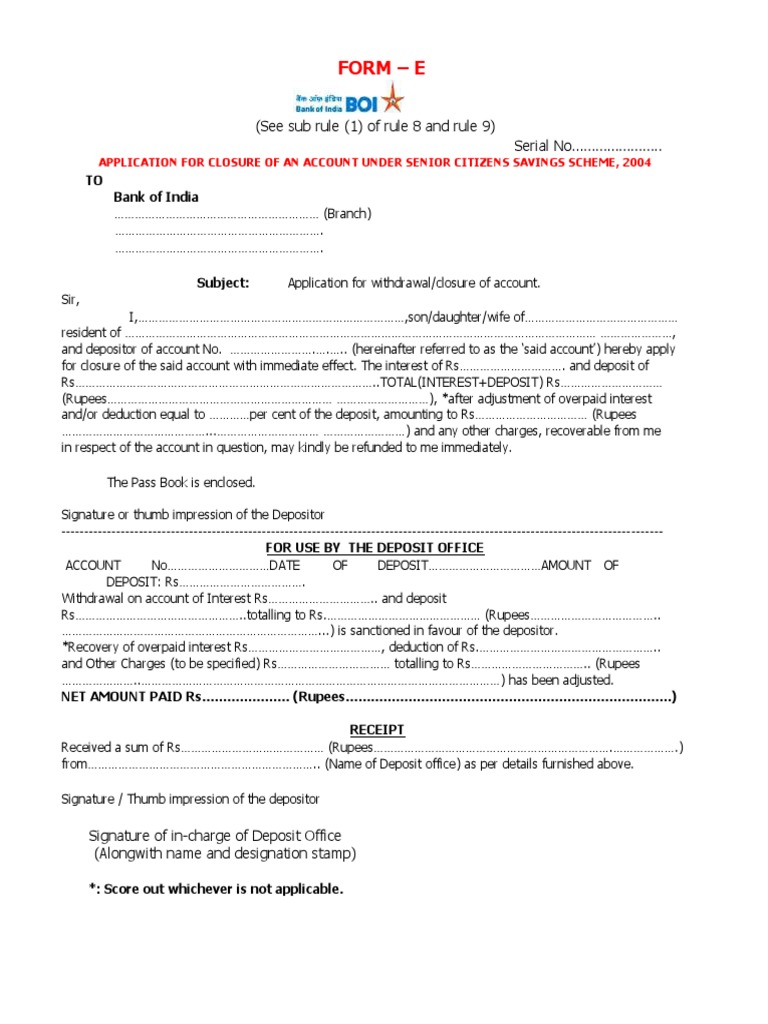 SCSS Account Closure Form - Form E | PDF | Deposit Account | Payments