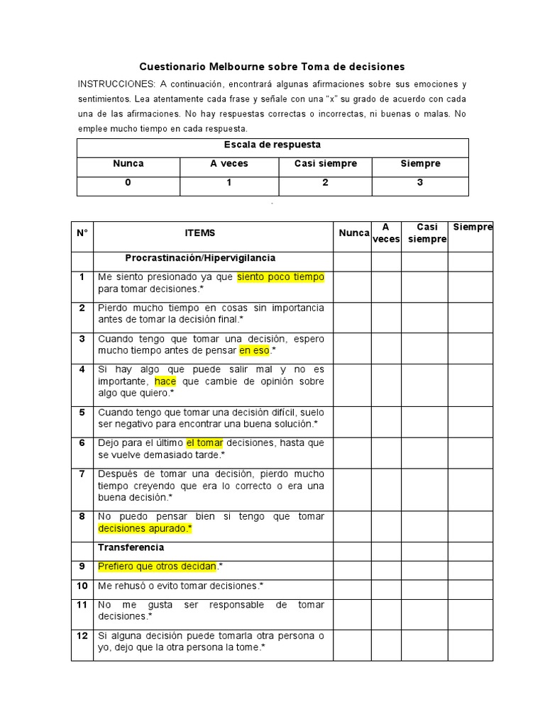 Cuestionario Melbourne Sobre Toma de Decisiones | PDF | Toma de decisiones