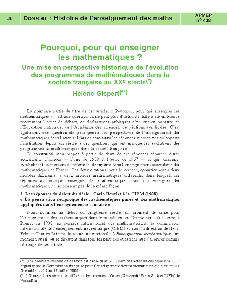 Histoire des Programmes de Maths au XXe Siècle | PDF | Mathématiques ...