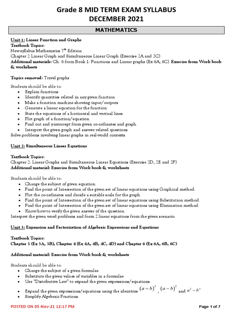 Grade 8 Mid Term Exam Syllabus 2021 | PDF | Equations | Muhammad