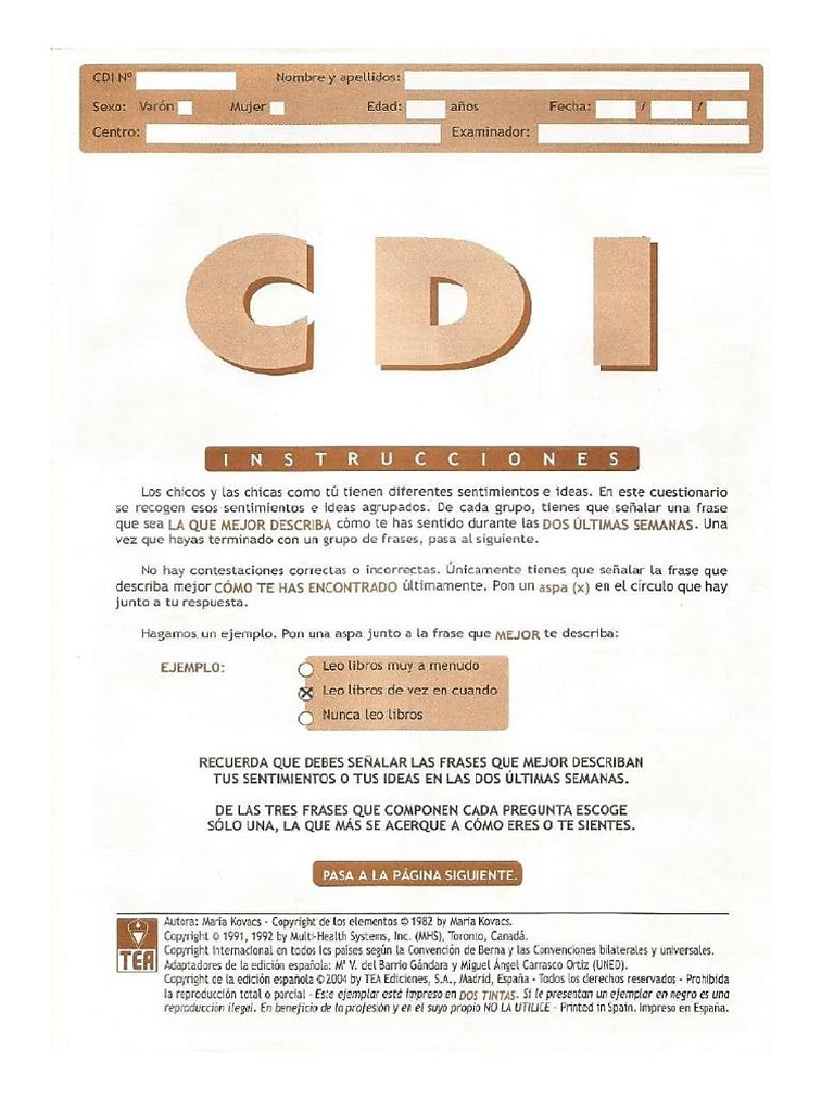 CDI. Inventario de Depresión Infantil | PDF