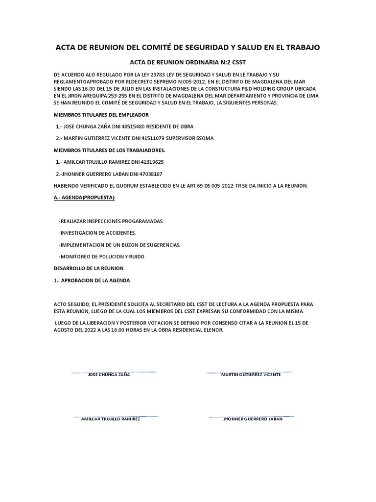 ACTA DE REUNION DEL COMITÉ DE SEGURIDAD Y SALUD EN EL TRABAJO | PDF