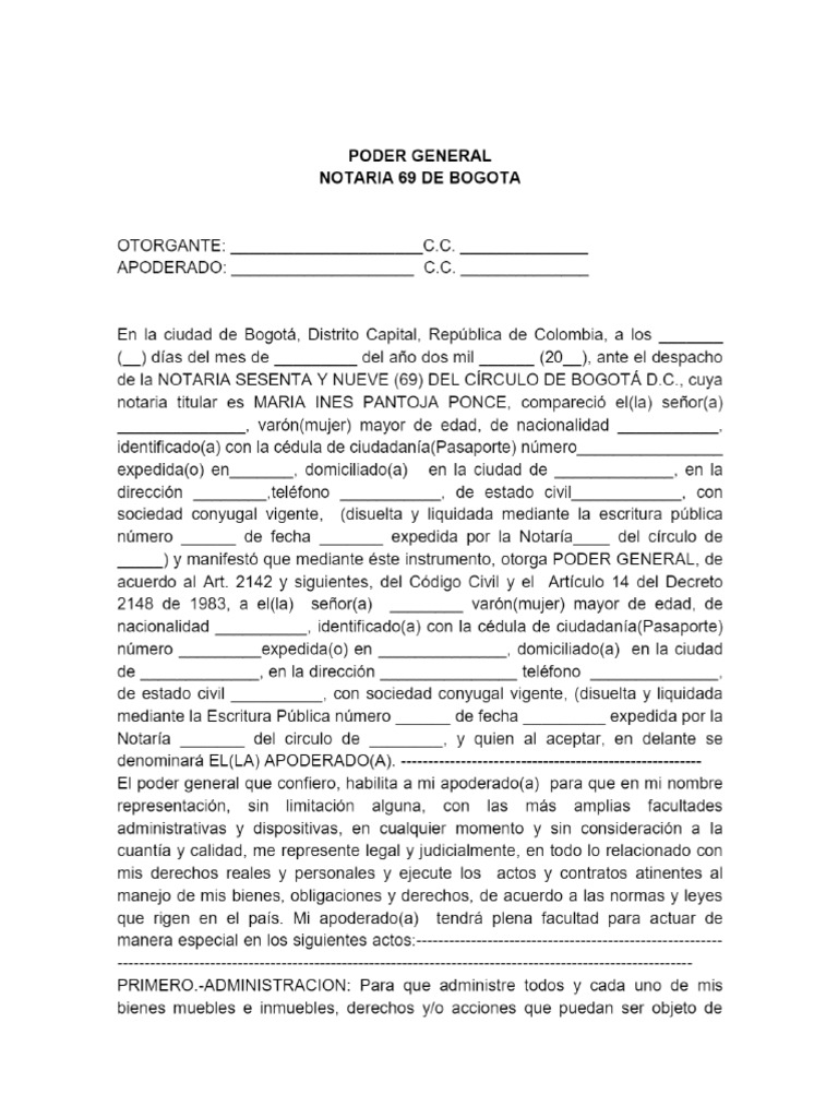 Modelo de Poder General - Notaria 69 Del Círculo de Bogotá | PDF