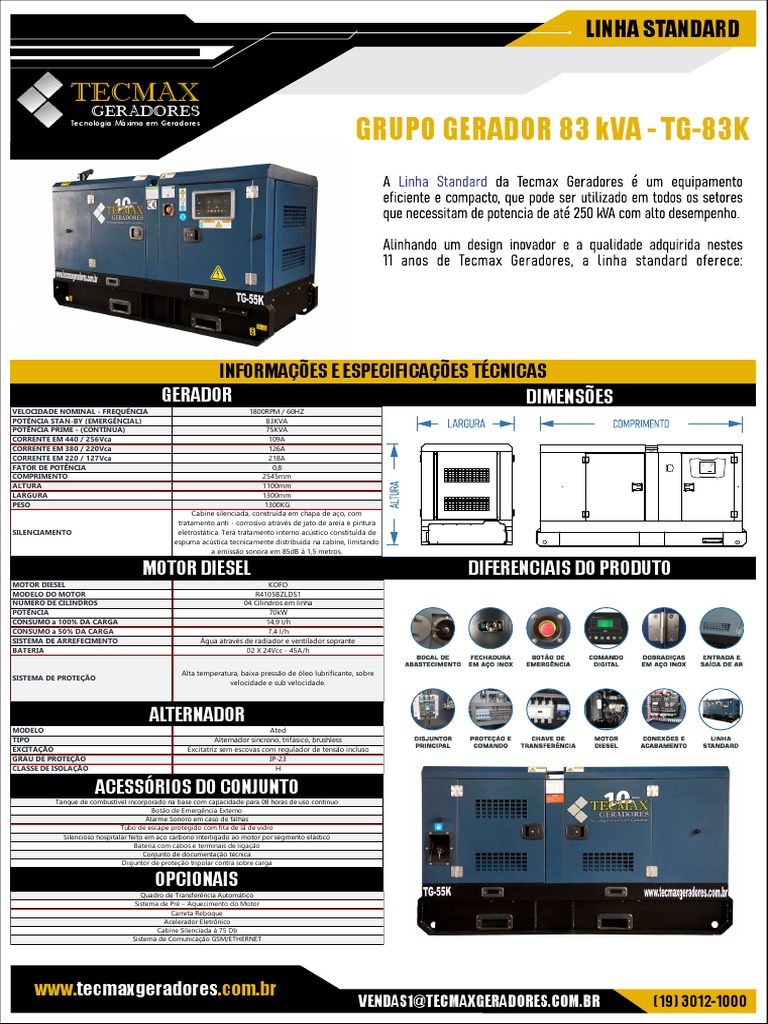Especificações técnicas e características do Grupo Gerador Tecmax TG ...