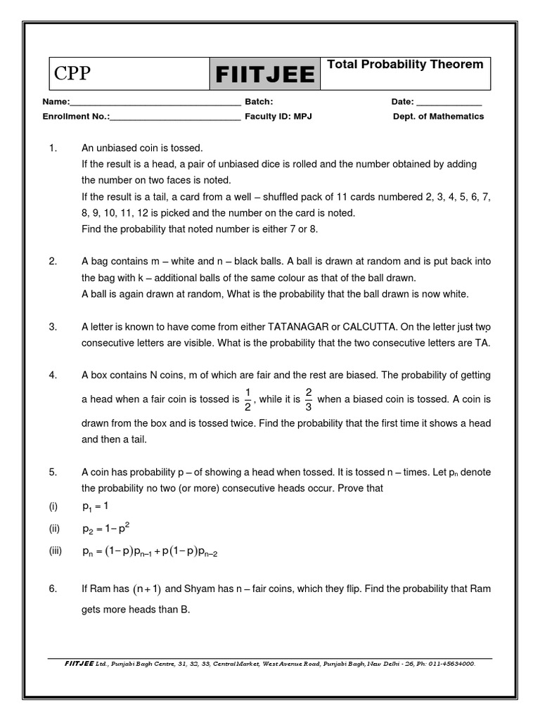Probability Exercises for FIITJEE Students | PDF | Probability ...