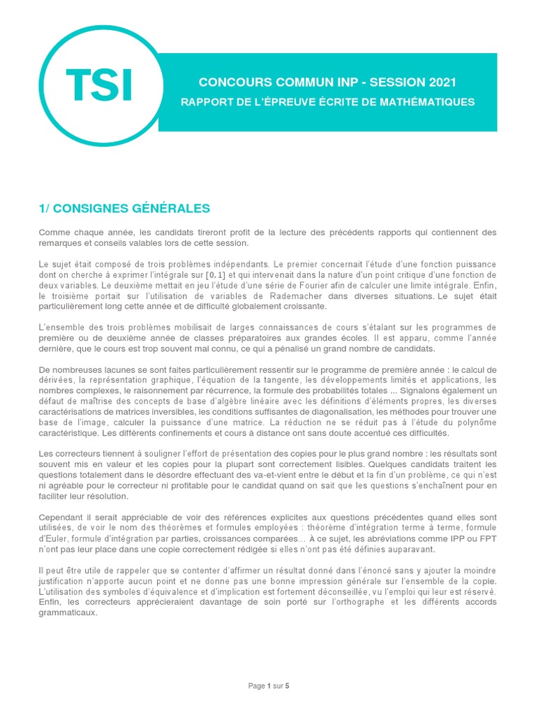 Rapport Épreuve Mathématiques TSI 2021 | PDF | Matrice (Mathématiques ...