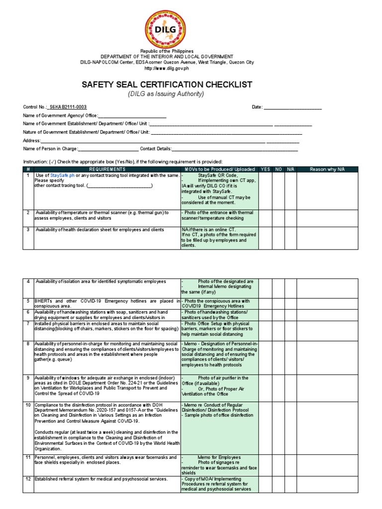 Safety Seal Certification Checklist: (DILG As Issuing Authority) | PDF ...