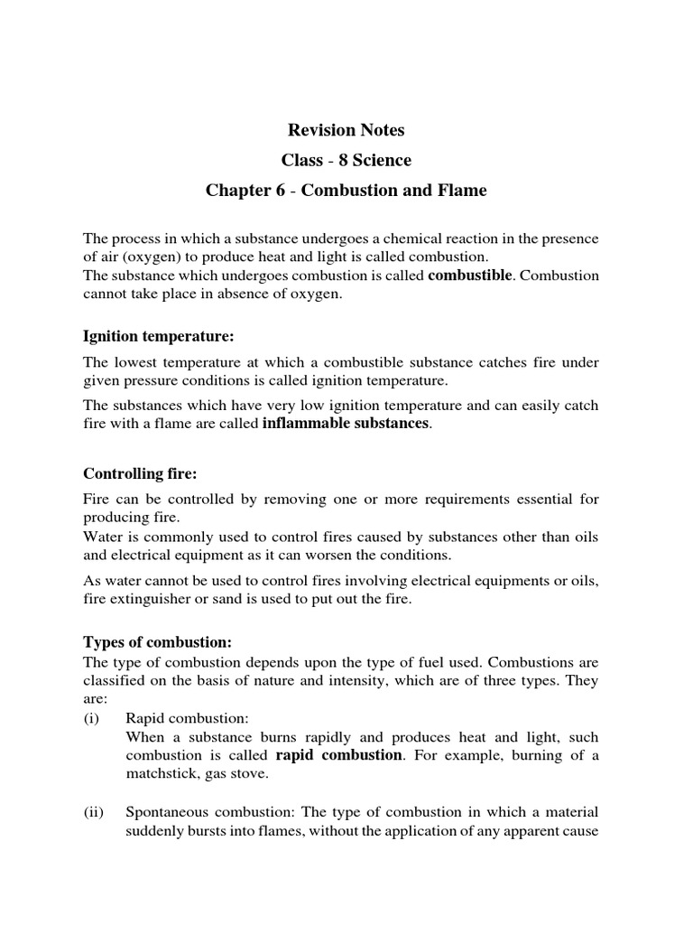 Revision Notes Class 8 Science Chapter 6 Combustion and Flame PDF
