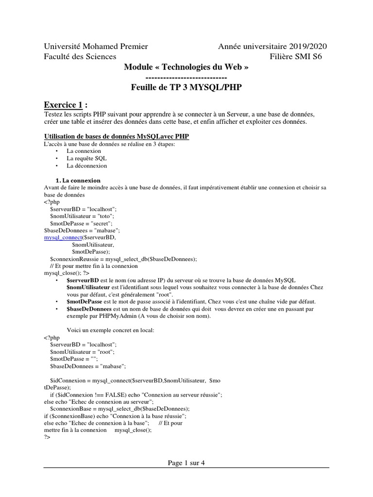 Connexion et gestion MySQL avec PHP | PDF | PHP | MySQL