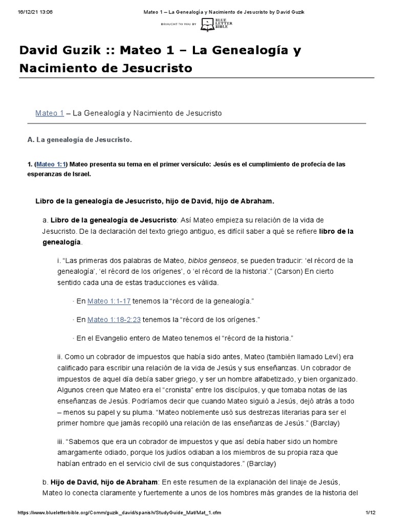 Mateo 1 La Genealogía Y Nacimiento De Jesucristo By David Guzik Pdf
