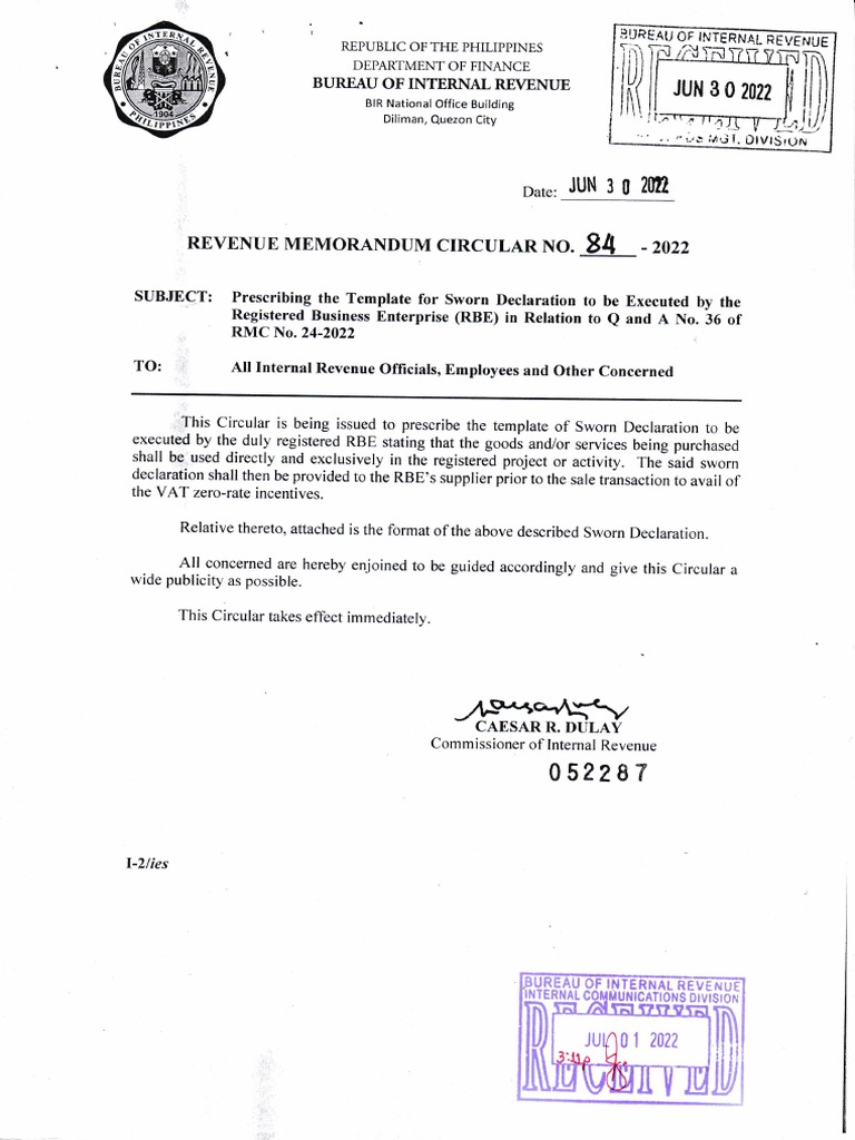Bir rmc no 84 2022 sworn declaration template for rbes pdf