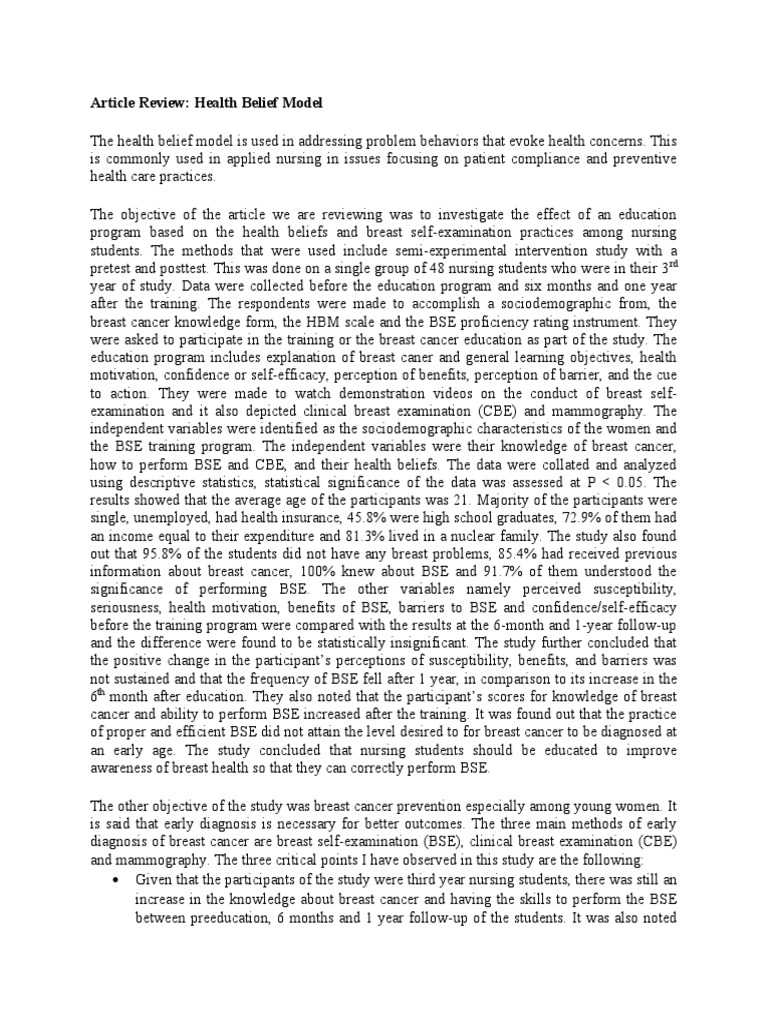 Health Belief Model in Breast Health Education | PDF | Breast Cancer ...