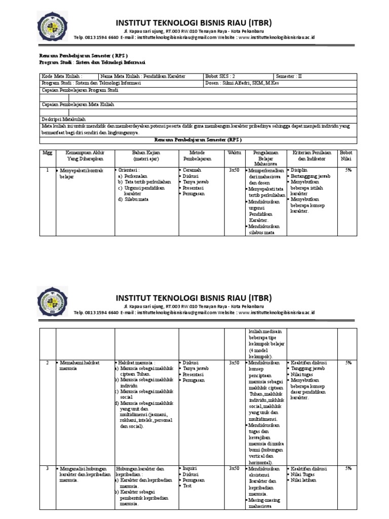 RPS Pendidikan Karakter ITBR Pekanbaru | PDF