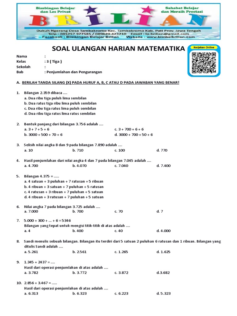 Soal Matematika Kelas 3 Sd Bab 2 Penjumlahan Dan Pengurangan Dan Kunci