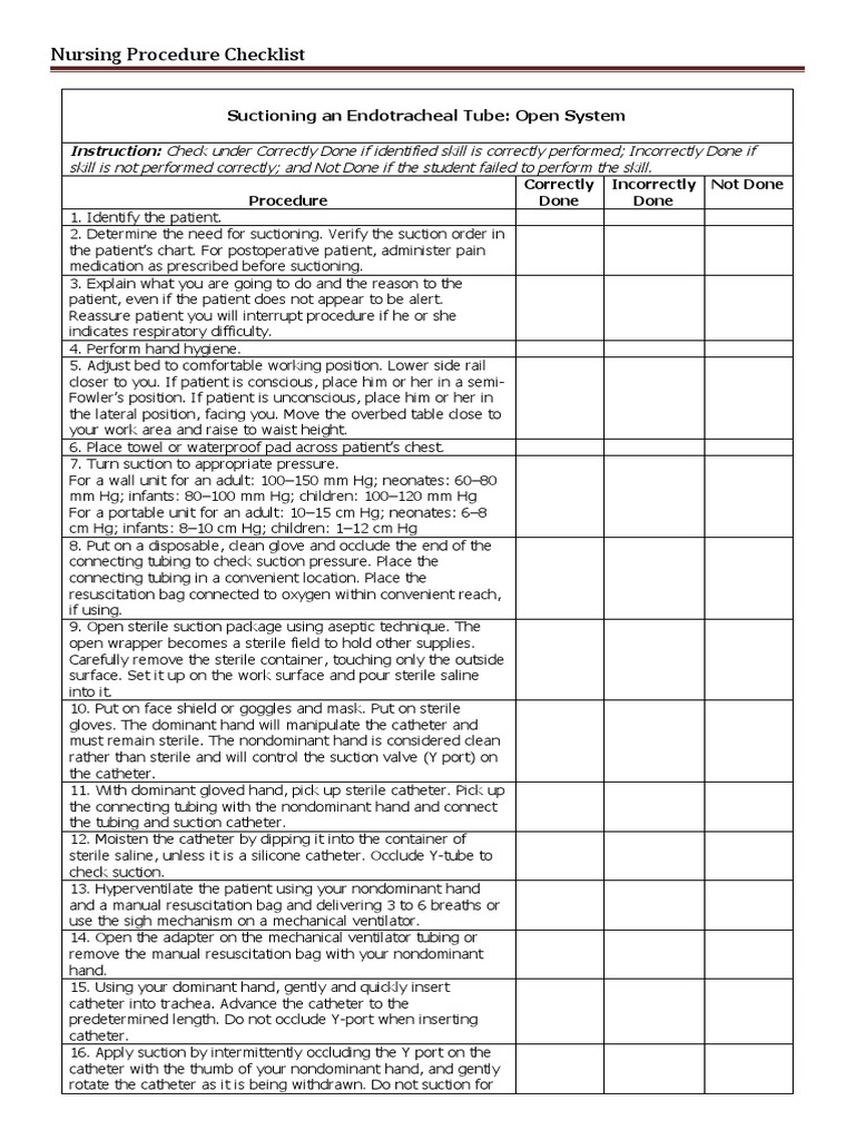 Endotracheal Suctioning Procedure Checklist | PDF | Catheter ...
