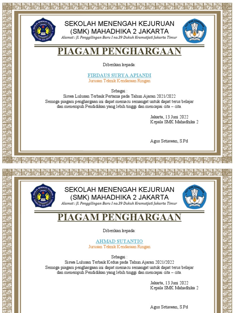Piagam Juara Kelas Pdf