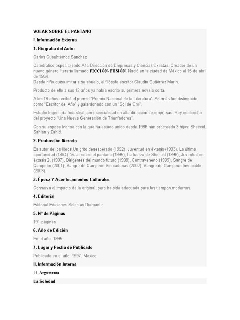 Resumen Libro Volar Sobre El Pantano Carlos Cuauhtémoc Sánchez PDF Amor Violación