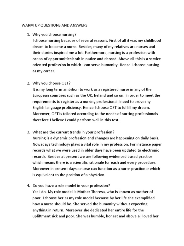 Warm Up Questions and Answers Oet Materials PDF Nursing Profession