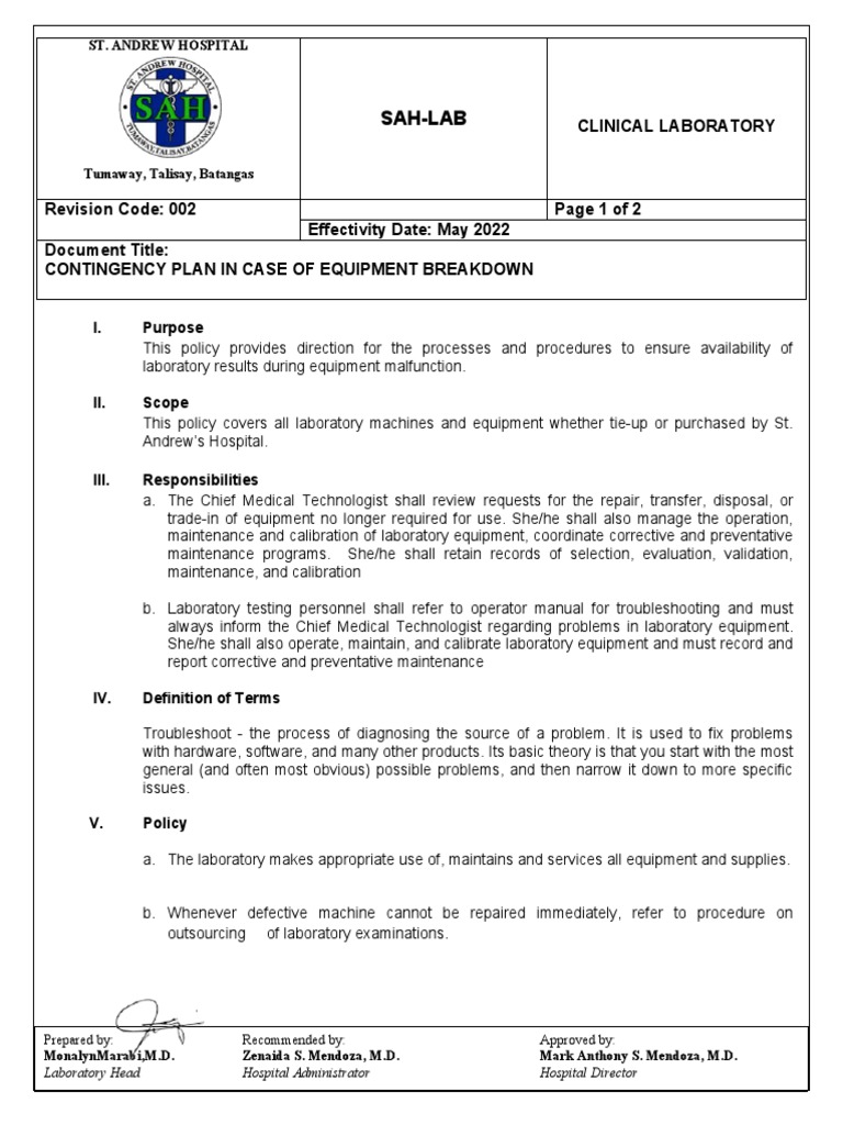 Contingency Plan for Laboratory Equipment Breakdown PDF Calibration Troubleshooting