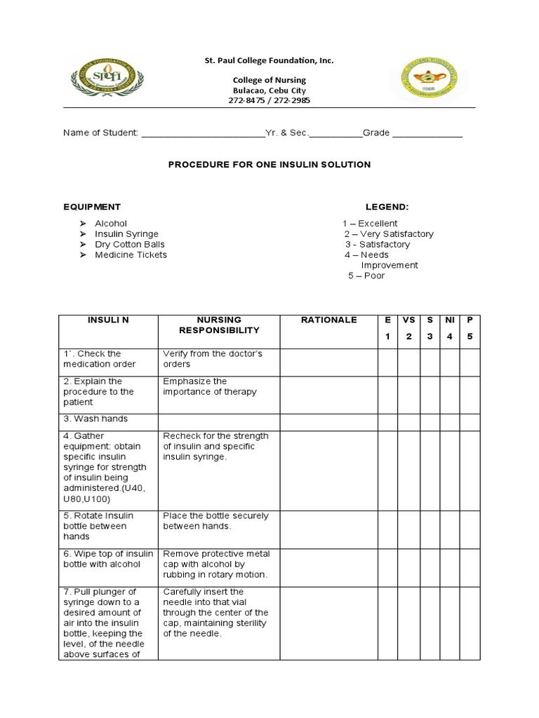 INSULIN INJECTION Checklist PDF Syringe Injection (Medicine)