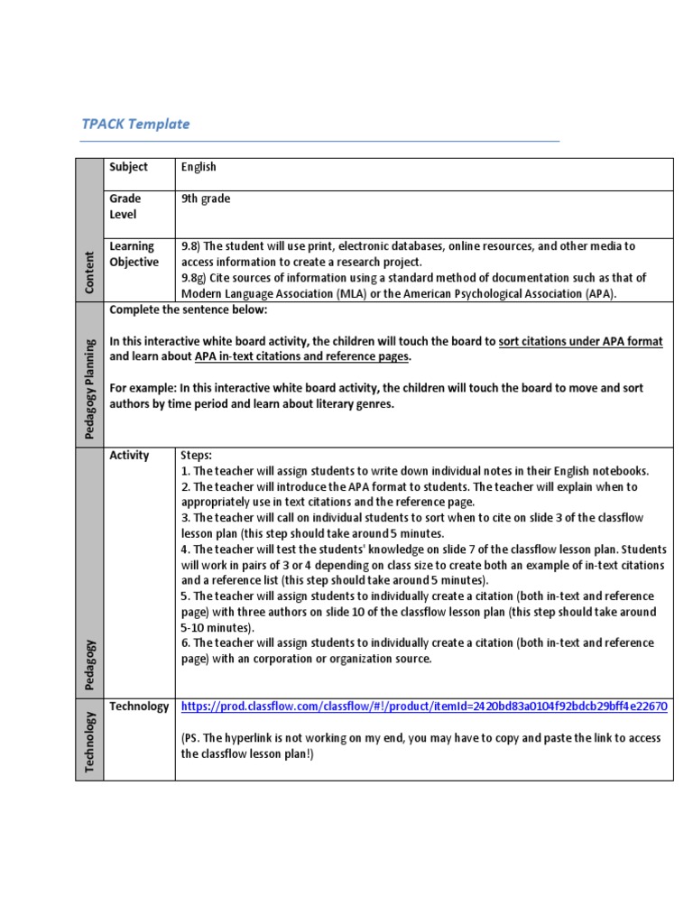 Annotated-Mizal Tpack 20template 20iwb Summer20 | PDF | Apa Style ...