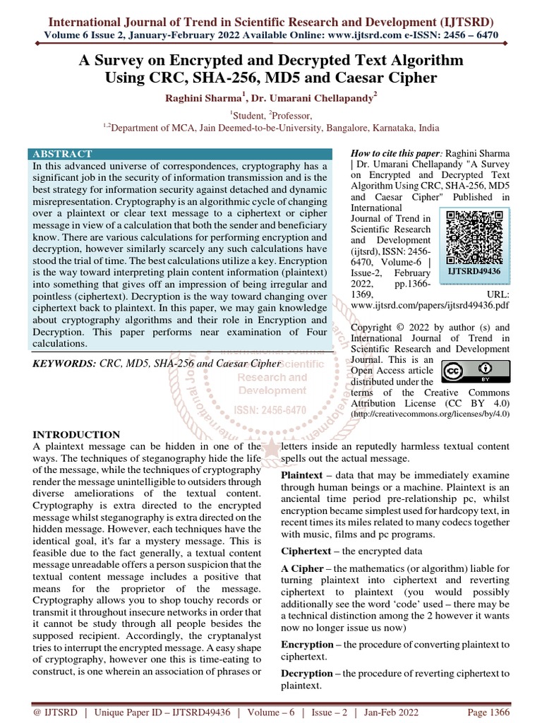 A Survey On Encrypted and Decrypted Text Algorithm Using CRC, SHA 256 ...