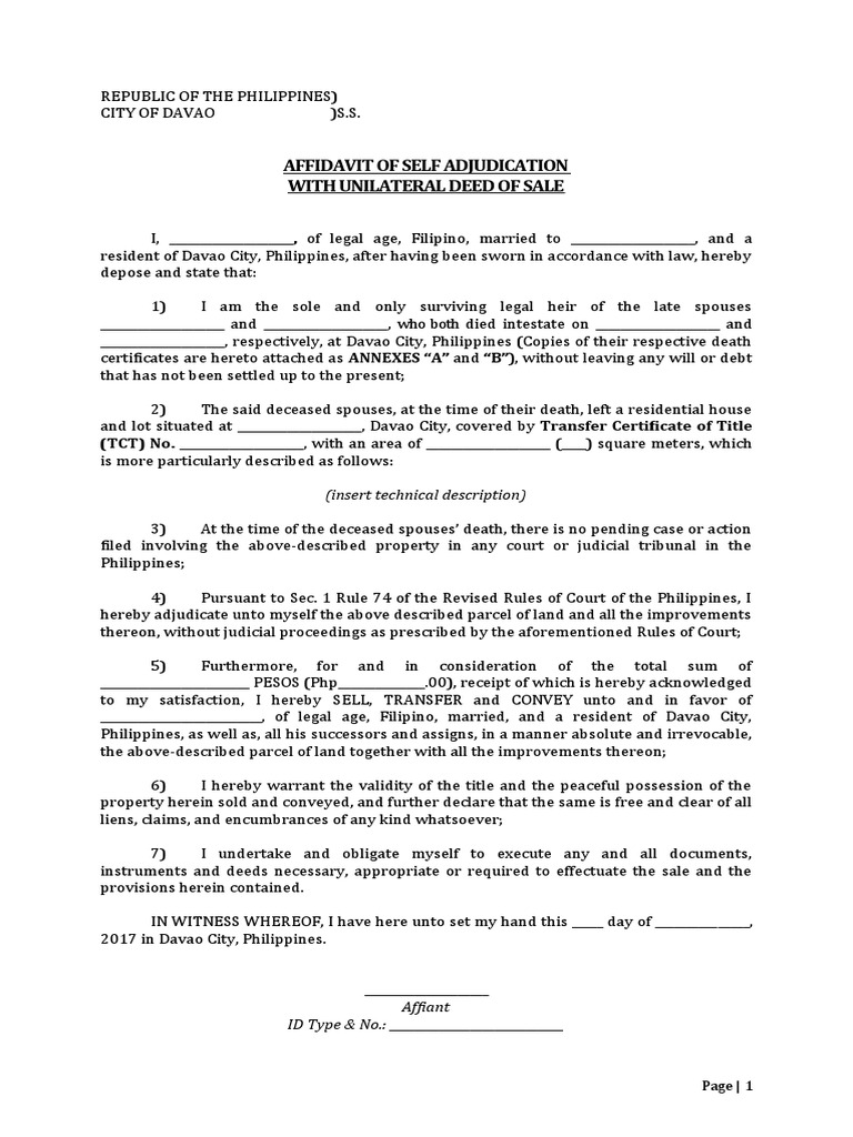 Sample Affidavit of Self Adjudication with Sale PDF Deed Affidavit
