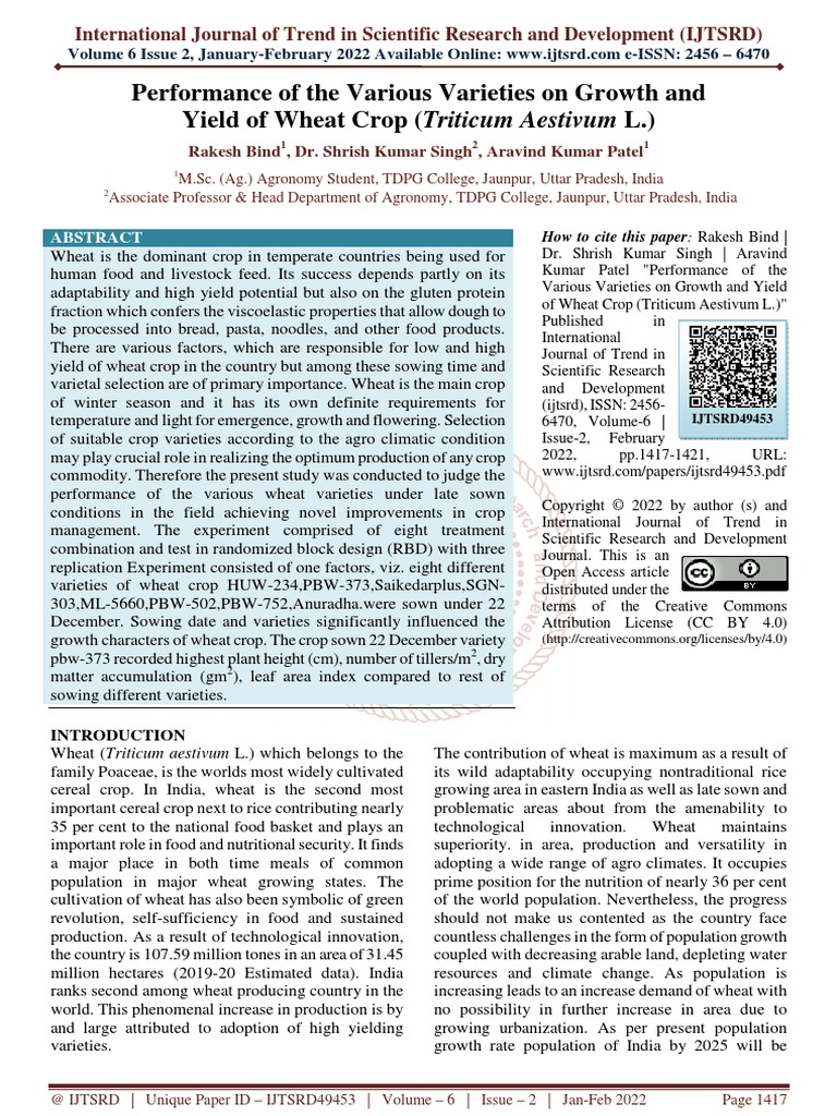 Performance of The Various Varieties On Growth and Yield of Wheat Crop ...