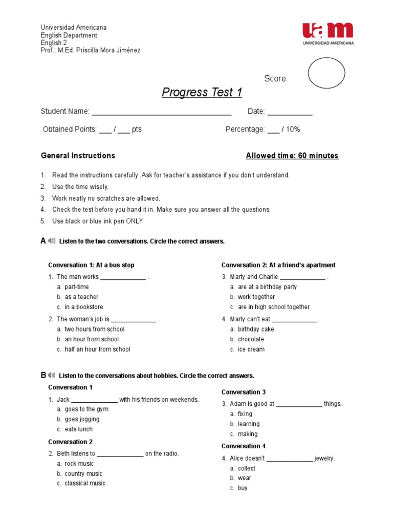 Short Test 1 Unit 123 V3 UAM | PDF