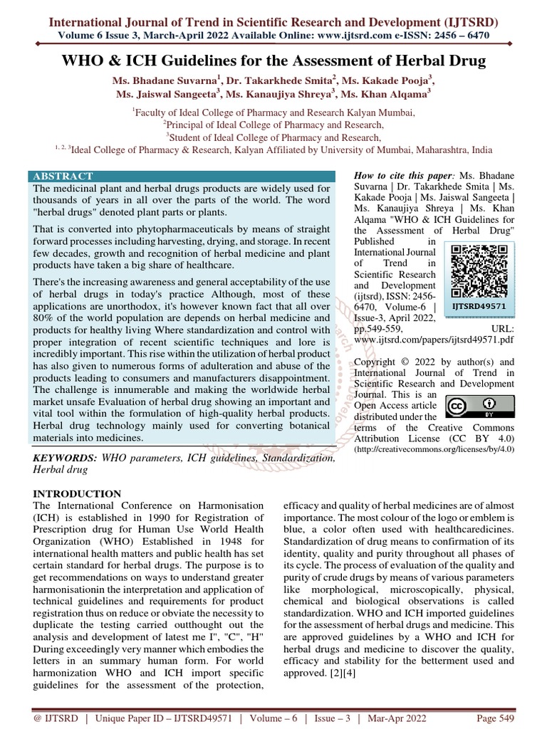 WHO and ICH Guidelines For The Assessment of Herbal Drug PDF