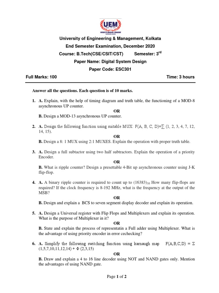 Digital System Design Question Paper PDF Electrical Engineering