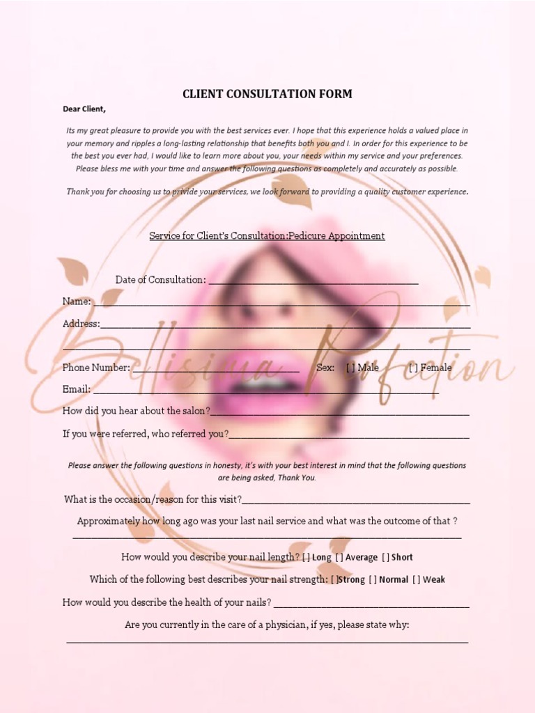 Client Consultation Form - Pedicure Appoinment | PDF | Pregnancy | Health Care for Free Printable Nail Consultation Form