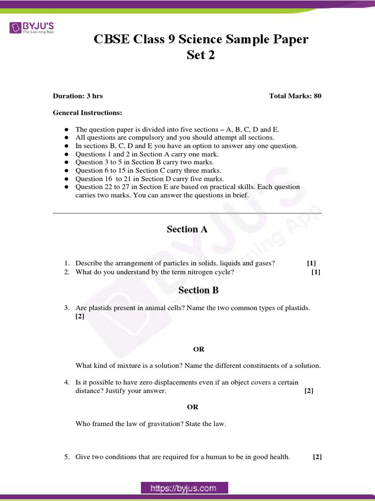 CBSE Sample Paper Class 9 Science Set 2 | PDF | Gases | Acceleration