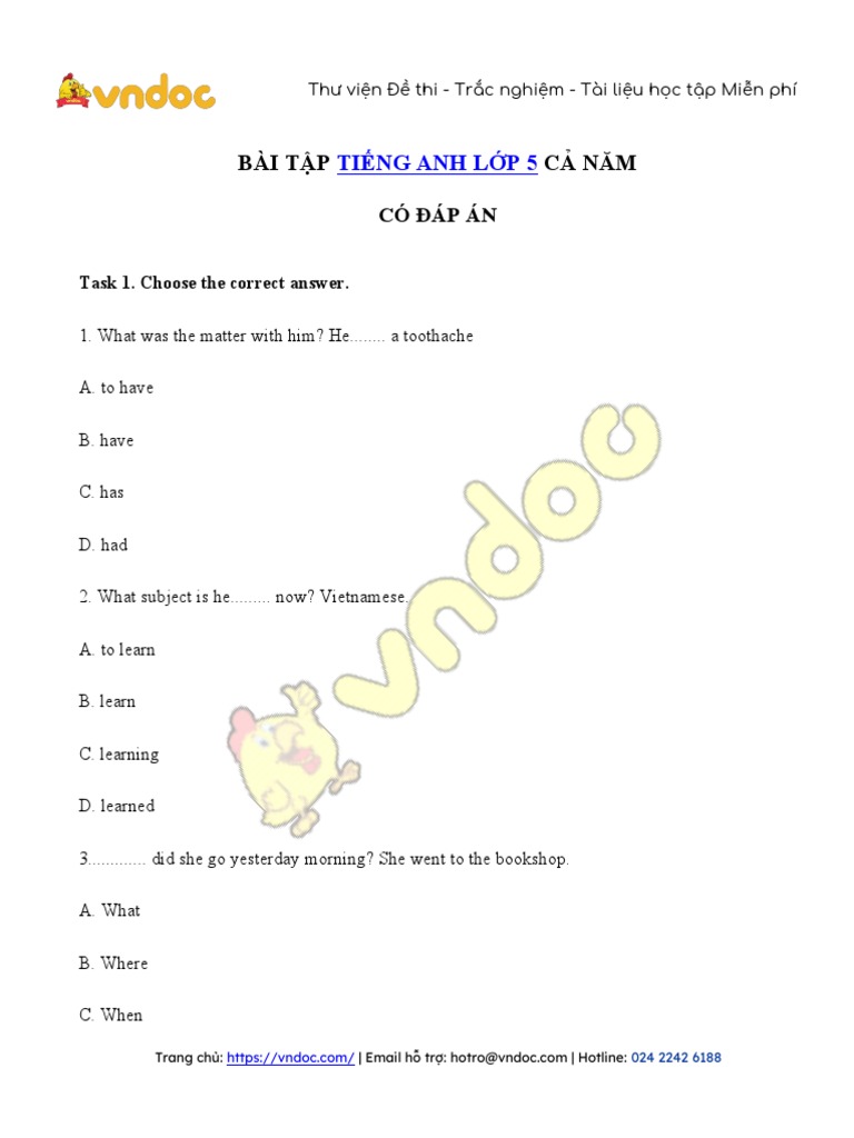 Bai Tap Trac Nghiem Tieng Anh Lop 5 Co Dap An | PDF