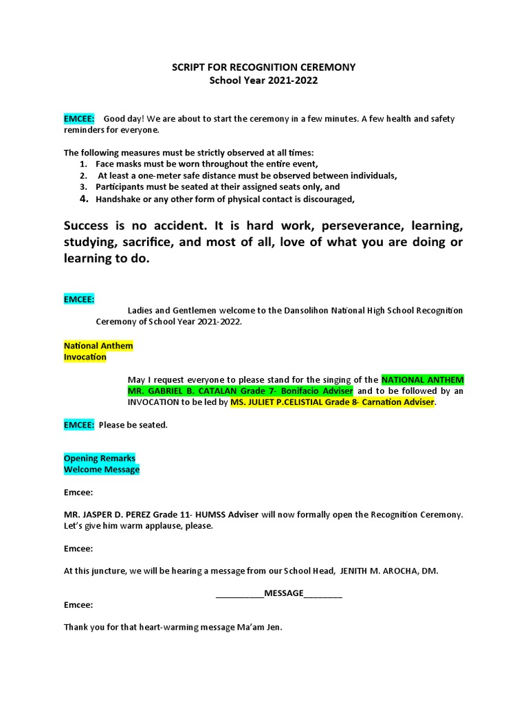 Script For Recognition Ceremony | PDF