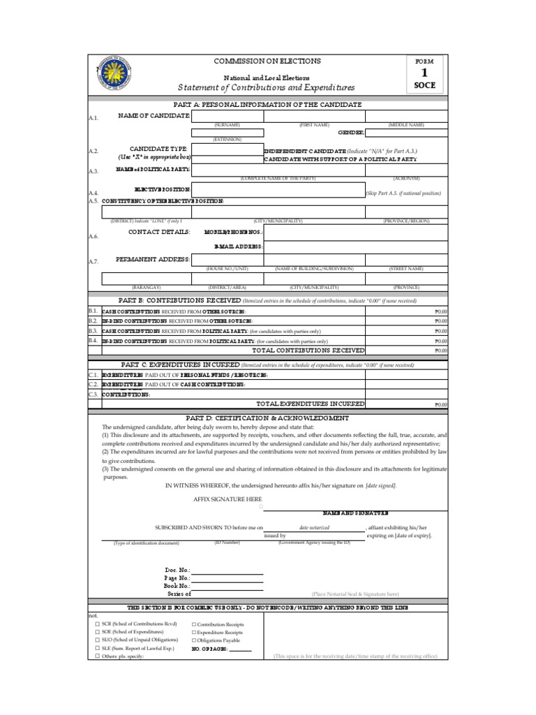 Candidate Contributions and Expenditures Form | PDF | Notary Public ...