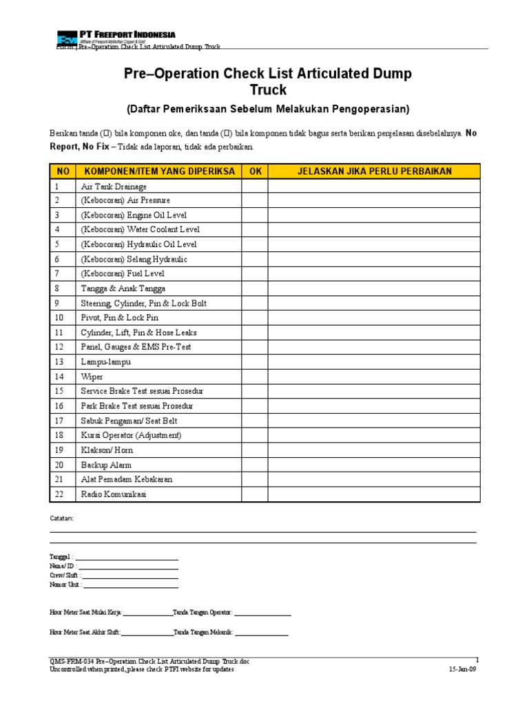M.010.01 Pre-Operation Check List Articulated Dump Truck | PDF