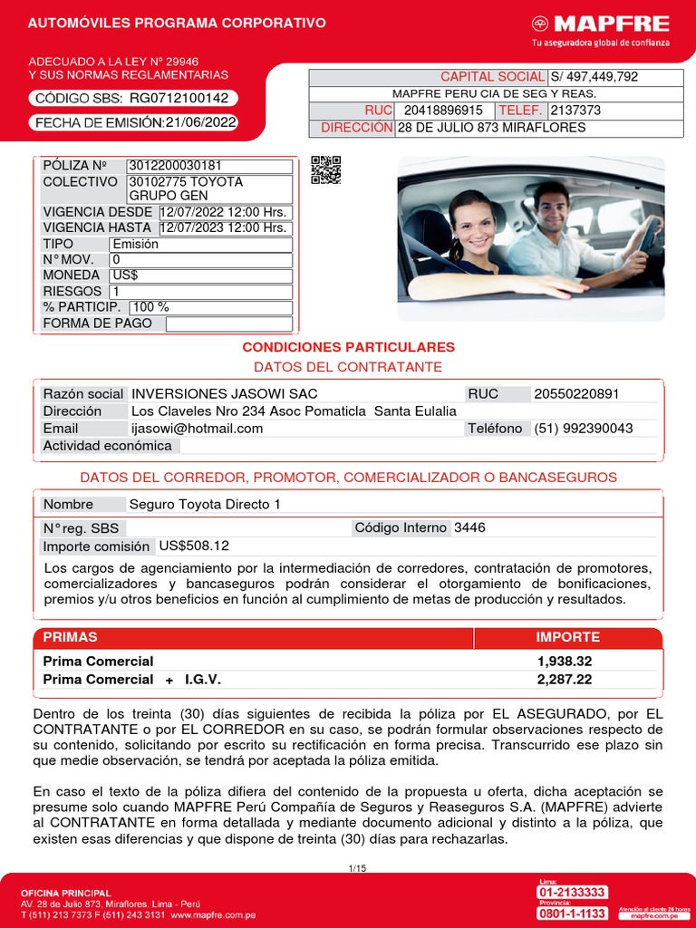 Póliza de Seguro Automotriz MAPFRE 2022 | PDF | Póliza de seguros | Seguro
